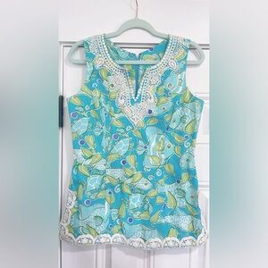 Vintage 90s Lilly Pulitzer Sz 8 Dressy Sleeveless Blue Green Atlantis Fish print